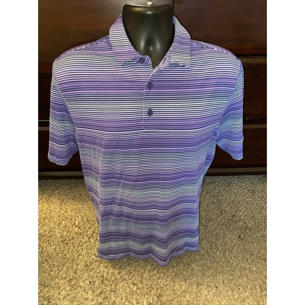 IBKUL Polo Mens‎ Size Medium Purple White Striped UPF 50+ Quick Dry